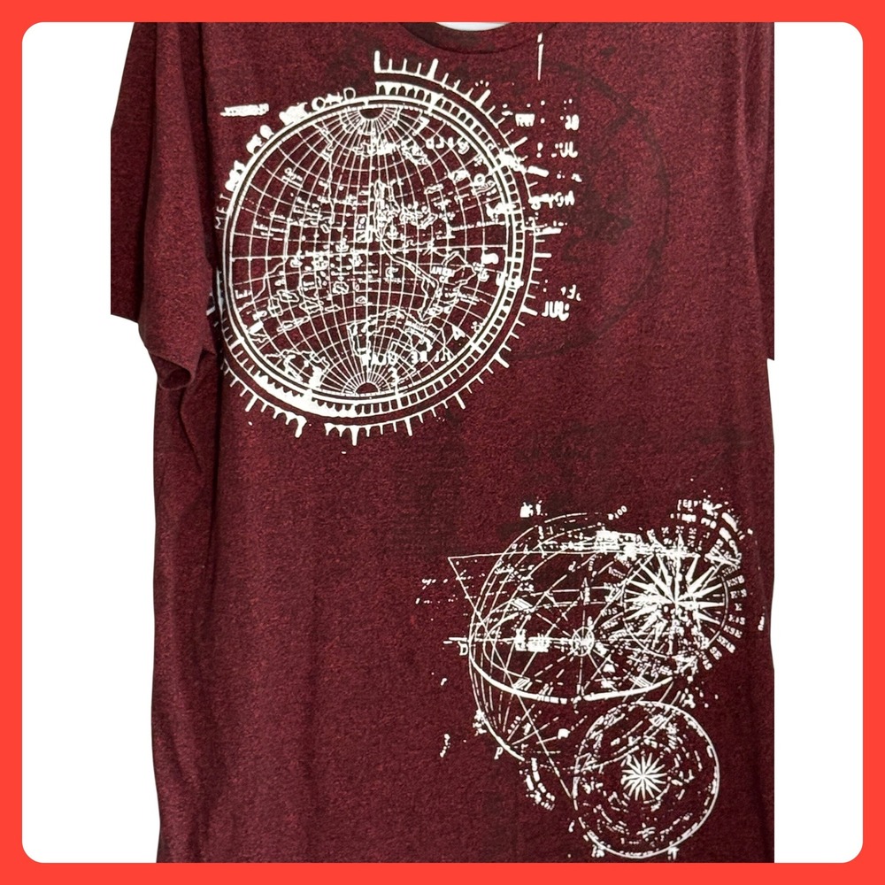 Apt 9 Mens Large Burgundy Graphic Tee Celestial Globe Map Short Sleeve T-Shirt